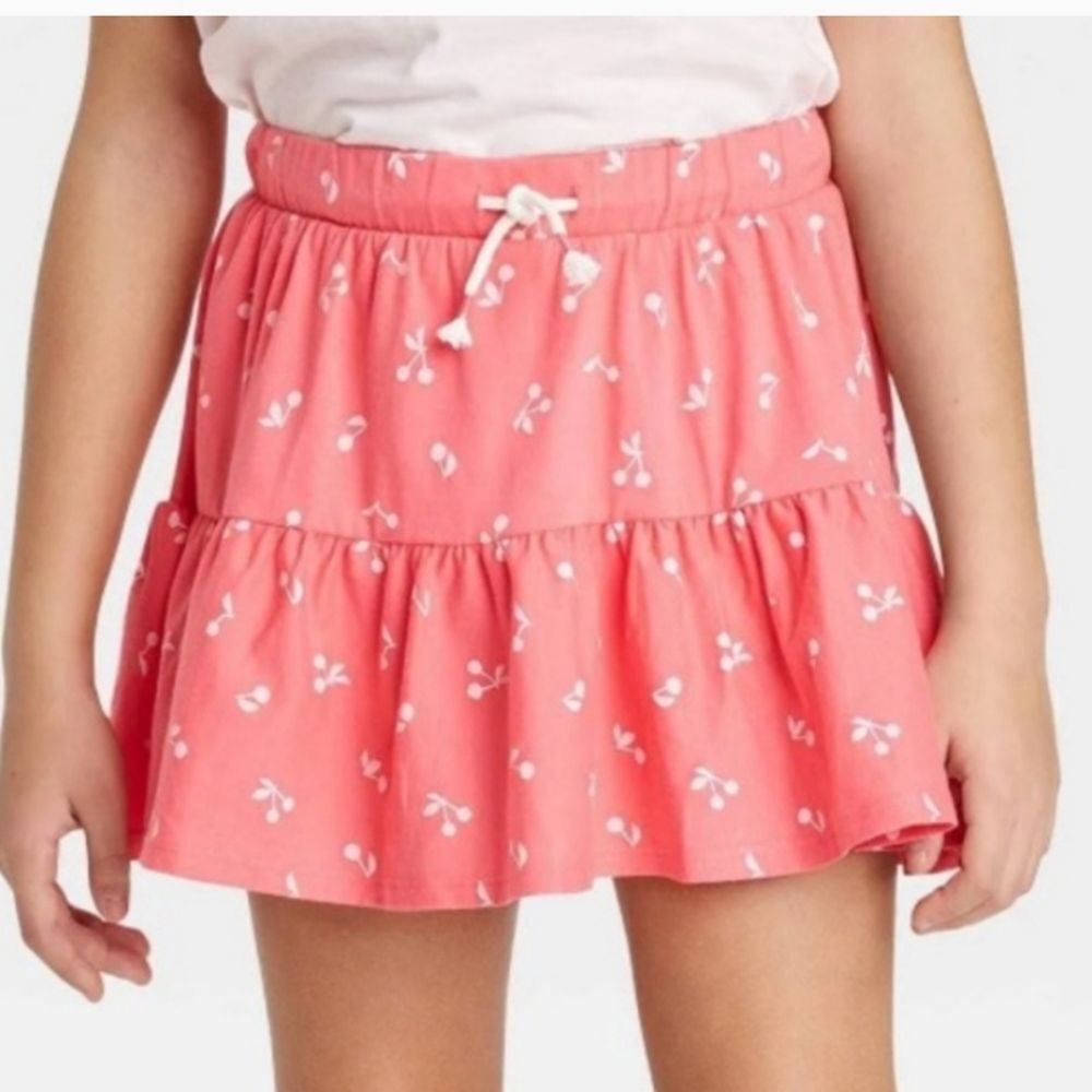 Cat & Jack Girls' Tiered Ruffle Drawstring Skort, Pink Cherry Print, XL (14)